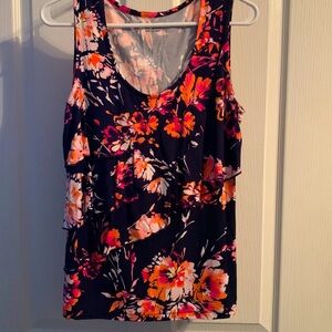 Croft and Barrow Navy with Pink Floral Design Ruffled Tank Top Size Small